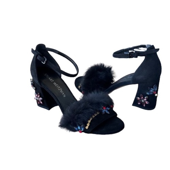 Stuart Weitzman Embellished Suede Fur Sandal Heels - Picture 2 of 15